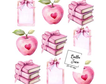 Pink Teacher Aesthetic PNG, Books, Apples & Clipboards, Digital Download for Sublimation, Printing, Crafts