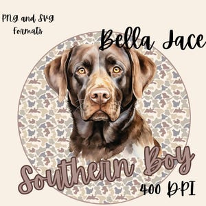 May include: A digital illustration of a brown dog with amber eyes, set against a camouflage pattern. The text "Bella Jace" is above the dog, and "Southern Boy" is below. The image also includes "PNG and SVG formats" and "400 DPI".