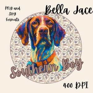 Op de afbeelding: Digitale print van een Pointer hond met de tekst "Bella Jace" erboven en "Southern Boy" eronder. De hond is afgebeeld in levendige blauwe, oranje en paarse kleuren. De achtergrond heeft een camouflagepatroon.