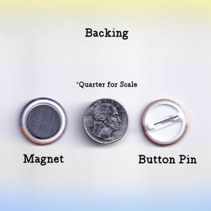 May include: Image showing the backings of a magnet and a button pin, with a quarter for scale. The magnet is round with a silver rim and a dark grey centre. The button pin has a white face and a pin back.