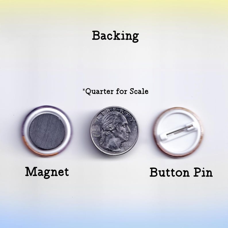 May include: Image showing the backings of a magnet and a button pin, with a quarter for scale. The magnet is round with a silver rim and a dark grey centre. The button pin has a white face and a pin back.