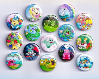 Retro Virtual Pet Button Pins or Magnets | 1 Inch Nostalgic Creature Pins | Y2K Internet Aesthetic | Cute Fantasy Pet Art Set