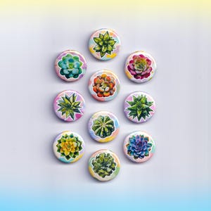 May include: A collection of ten round buttons featuring colorful succulent plant designs. Each button showcases a different succulent, with variations in color and pattern, set against a pastel rainbow background.