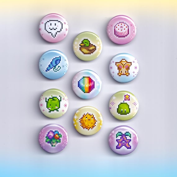 Pastel Stardew-Inspired Small Button Pins & Magnets | Cute 1″ Farm Girl Game Aesthetic | Kawaii Backpack Pin Set | Gamer Gift