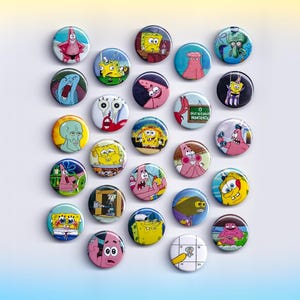 May include: A collection of round pinback buttons featuring various characters from the animated series, SpongeBob SquarePants. The buttons showcase characters like SpongeBob, Patrick Star, Squidward, and others in vibrant colors and designs.