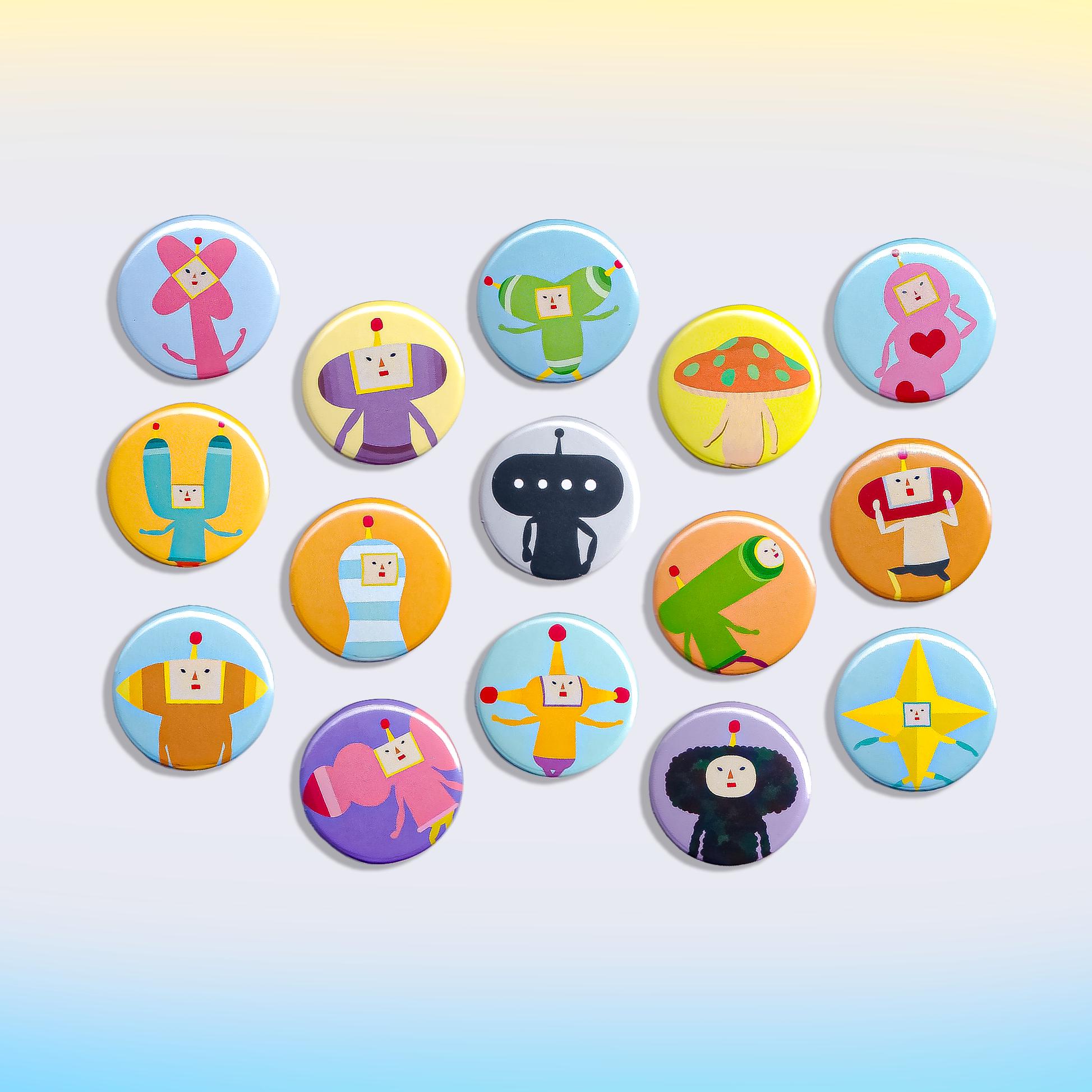 Small Katamari Cousins Button Pins & Magnets | 1″ Cute Game Character Pins | Retro Video Game Backpack Pin Set | Fun Gift