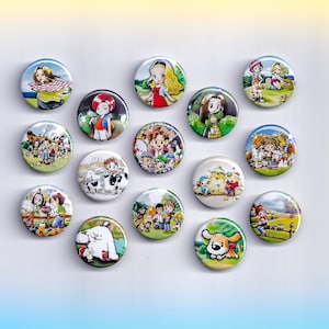 May include: A collection of round, colorful pinback buttons featuring various cartoon characters and scenes. The buttons showcase a variety of designs, including people, animals, and landscapes, with vibrant colors and detailed illustrations. The buttons are approximately 1.5 inches in diameter.