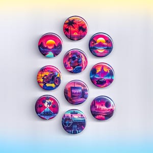 May include: A collection of round, colorful buttons with retro-style designs. Each button features vibrant sunset landscapes, palm trees, a motorcycle, a car, a computer setup, and a person wearing sunglasses. The color palette includes pinks, purples, oranges, and blues.