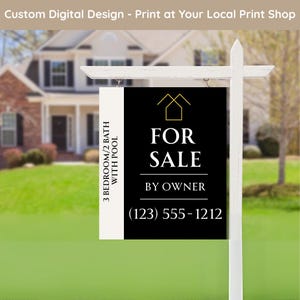 May include: A white wooden for sale sign with a black and white sign. The sign reads "FOR SALE BY OWNER" with a house graphic. The sign also includes the text "3 BEDROOM/2 BATH WITH POOL" and a phone number.
