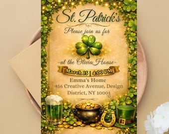 Invitación de trébol para el Día de San Patricio, invitación editable para fiesta irlandesa en color verde, tamaño 5x7, descarga en Canva (descarga imprimible).