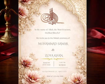 Elegante invitación de boda islámica/tarjeta Nikkah de caligrafía árabe, plantilla Canva imprimible, descarga digital