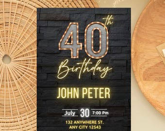 Invitación de cumpleaños número 40 para hombres, Invitación minimalista para cumpleaños número 40, Invitación para fiesta de cuarenta años para él, Invitación de cumpleaños número 40 para hombres, Invitación digital