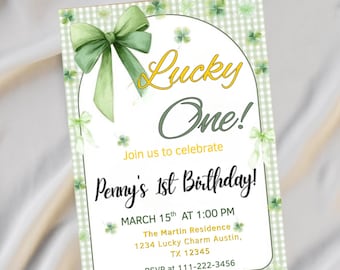 Invitación de primer cumpleaños "Lucky One", invitación para el Día de San Patricio, plantilla imprimible de Canva, invitación electrónica.