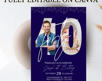 Plantilla de cumpleaños número 40 con foto digital de Evite, invitación de fiesta minimalista editable en Canva, imprimible, para él o ella, descarga instantánea.