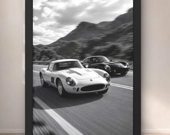 Impresión artística digital de Porsche de carreras, póster de coche clásico, decoración de pared de Hype East, arte mural automotriz, póster del Porsche 911, blanco y negro
