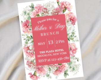 Plantilla de invitación para brunch del Día de la Madre, invitación para fiesta del Día de la Madre, invitación para almuerzo del Día de la Madre, invitación floral editable para desayuno del Día de la Madre