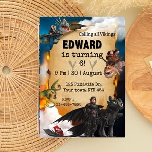 May include: A colorful invitation with a dragon theme. The text reads "Calling all Vikings, EDWARD is turning 6!" with event details. Dragon illustrations and a character graphic are featured on a parchment-style background.