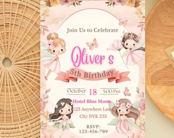 Invitación para el primer cumpleaños de una hada, invitación para el primer cumpleaños de una niña, invitación para el primer cumpleaños de una hada del jardín, plantilla de Canva