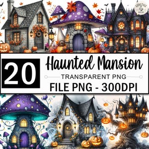 Bundle de cliparts manoir hanté, aquarelle maison d'Halloween Png, clipart gothique, maison de fée citrouille Png, clipart maison de sorcière, 20 Design Png