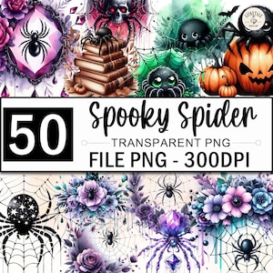 Gothic Spider Clipart Bundle, Spooky Spider Png Clipart, Spider Silhouette Clipart, Spider Halloween Png, Halloween Clipart, 50 Design Png