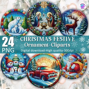 Oltre 20 ornamenti natalizi rotondi festivi in formato PNG, pacchetto di ornamenti natalizi vintage in formato PNG, vetrate colorate in formato PNG, clipart di alta qualità, download digitale