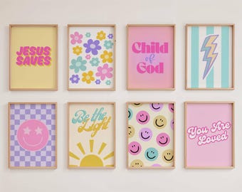 May include: Eight framed art prints with inspirational messages and cheerful designs. The prints feature phrases like "Jesus Saves," "Child of God," and "You Are Loved." Other prints display flowers, smiley faces, and a lightning bolt.