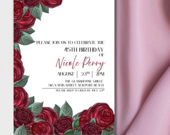 Red Roses Birthday Invitation: Elegant Floral Party Template (Canva Download, 5x7 inch)