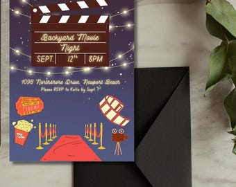 Uitnodiging achtertuin filmavond: afdrukbaar filmfeest, bewerkbare canvassjabloon (digitale download)
