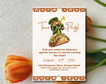 May include: Taco Night party invitation with a cartoon illustration of a mariachi playing a trumpet above a taco. The invitation is cream-colored with brown decorative borders and text. The date is August 31st at 7 PM.