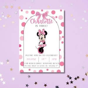 Pink Polka Dot Minnie Mouse Birthday Invitation: Editable Canva Template