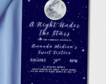 May include: A navy blue invitation card with a night sky theme. The card features a full moon, stars, and white script that reads "A Night Under The Stars" and details for Amanda Medina's Sweet Sixteen.
