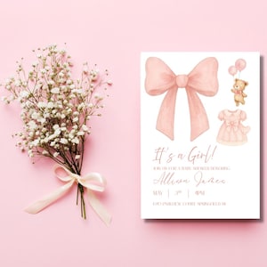 Coquette Baby Shower Invitation Girl • Pink Bow Baby Shower Invite • Editable Canva Template • It’s a Girl Digital Download, elegant invite
