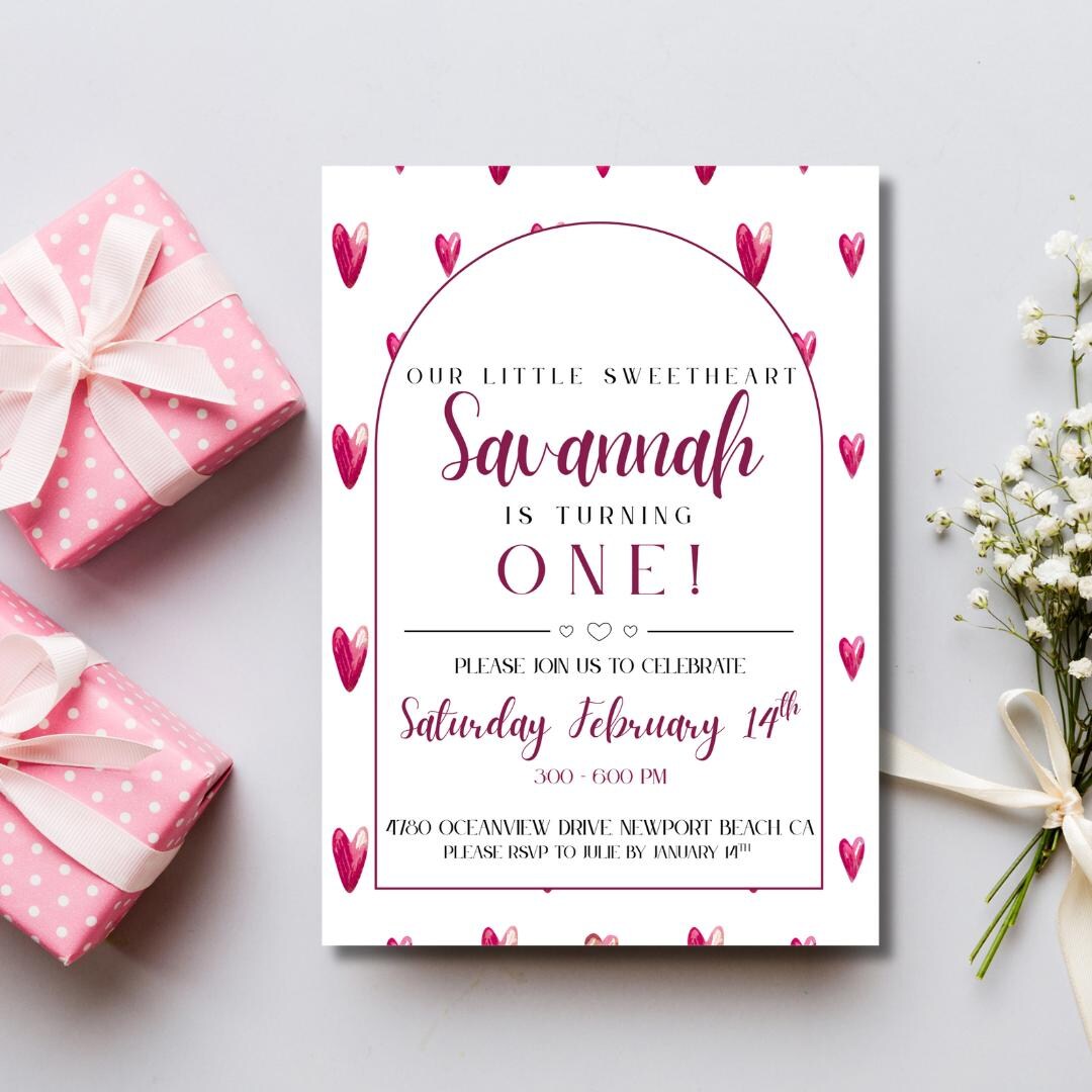 Pink Invitations Heart Valentine's Day First Birthday Invitation: Pink Hearts Party (digital ...