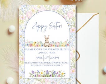 Editable Easter Invitation | Easter Brunch & Egg Hunt Invite | Spring Floral Bunny Digital Template