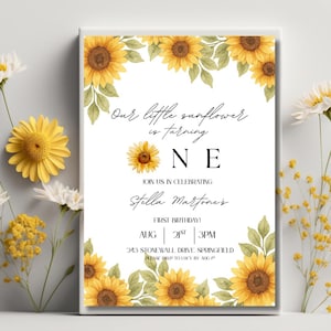 Sunflower 1st Birthday Invitation: Watercolor Floral Theme (Digital File 5x7in)