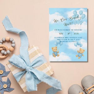 Blue Teddy Bear Baby Shower Invitation: We Can Bearly Wait (Canva Editable Digital Download)