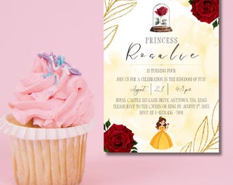 Invitación de cumpleaños de La Bella y la Bestia: Tema de cuento de hadas de la Princesa Bella (Plantilla digital)
