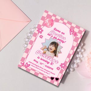 May include: Pink birthday party invitation with a photo of a young girl. The invitation features the text "Come on Besties let's go party! Penelope is turning 6!" and event details. The design includes a checkered pattern and decorative elements.
