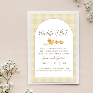 Editable Duck Gender Reveal Invitation • Yellow Rubber Duck Baby Shower Canva Template • He or She What Will It Be • Instant Download