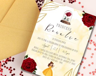 Invitación de cumpleaños de la Princesa Bella: Cuento de hadas de La Bella y la Bestia (Editable en Canva)