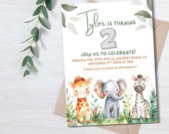Safari Birthday Invitation: Giraffe, Elephant & Zebra - Printable Canva Template