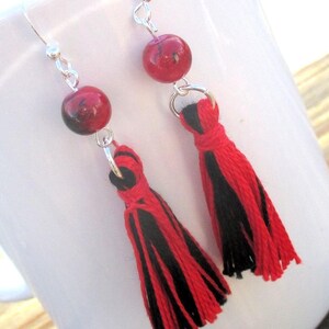 Red Black Tassel Earrings with .925 Sterling Silver Filled Hooks and Handmade Cotton Tassels, Colorful Tassel Jewelry for Women 2-3/4in image 3