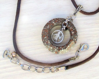 Virgo Zodiac Pendant Necklace, Marbled Terra Cotta Cosmic Ring, August September Astrology, Brown Satin Cord, One of a Kind, Length 18-20in