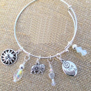 Elephant Sun Heart Bangle, Silver Expandable Hand Wire Wrapped Charm Bracelet, Laugh Often Love Much, Best fit 7-1/4 to 8-1/2 inch wrist