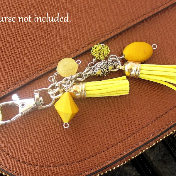 Yellow Purse Charm with Suede Tassel Dangles and Beads for Handbag Decoration, Backpack Bag Swag Gift for Wife Mom, One of a Kind, 4-1/2in