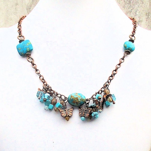 Turquoise Copper Butterfly Gemstone Chain and Charm Statement Necklace with Adjustable Length, One of a Kind Gift for Her, Adjusts to 21in