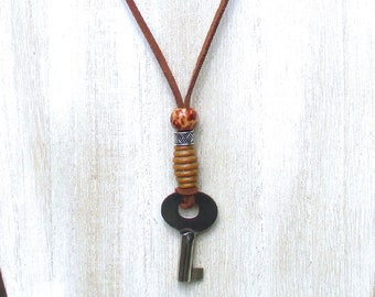 Faux Leather Suede Cord Key Pendant Necklace, Wood Bead Necklace, Silver Key Necklace, Rustic Jewelry, Rugged Style, Adjustable up to 27in