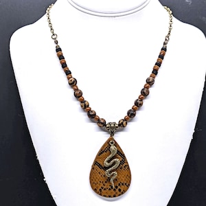 Bronze Snake Pendant Necklace with Brown Faux Leather Snakeskin Pattern, Tibetan Black Eye Agate Halloween Wood Bead Jewelry, up to 21in