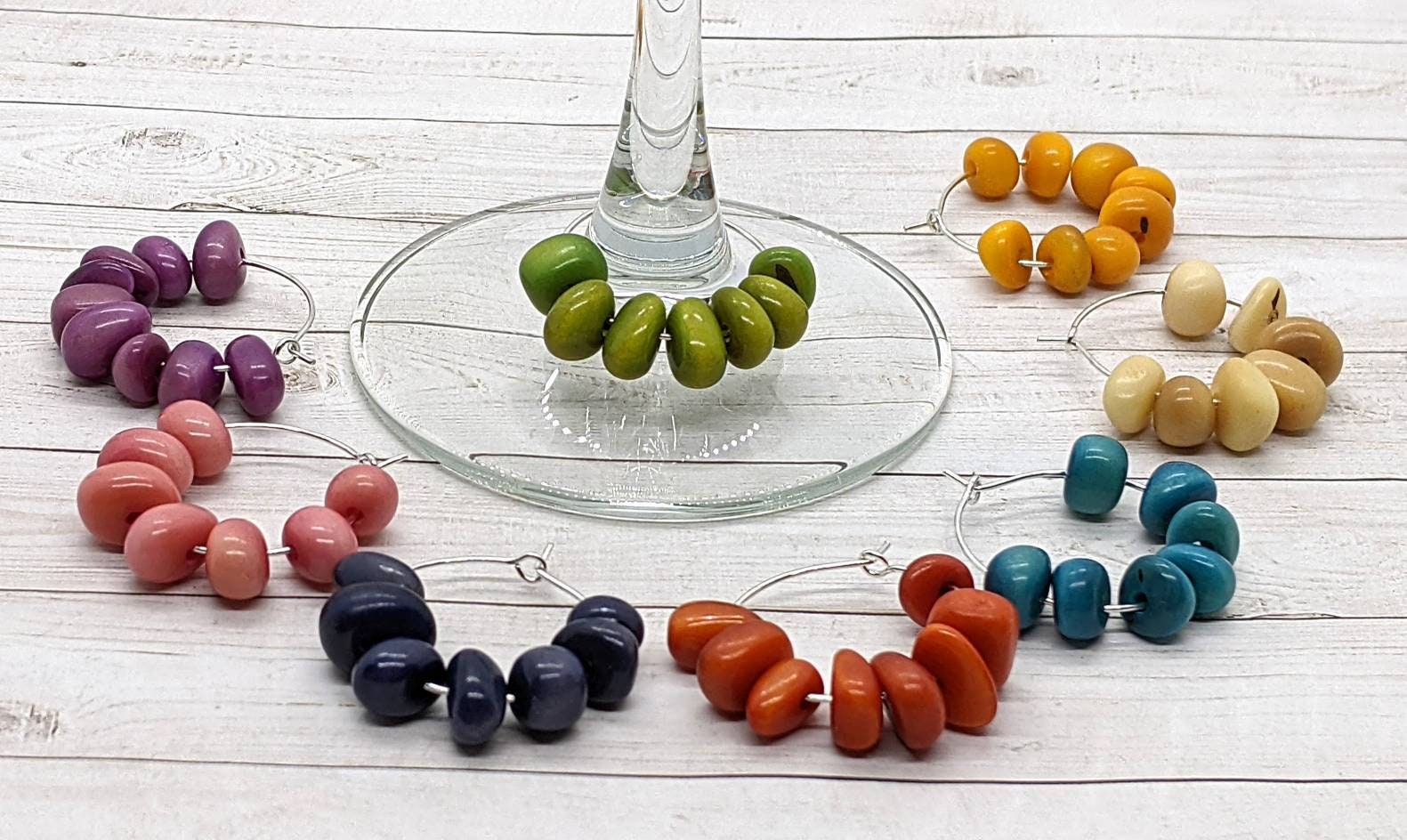 Tagua Wine Glass Charms, Stemware Hoops, Silver Drink Identifier Rings