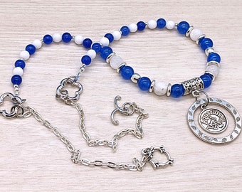 Blue Aquarius Pendant Necklace with Sapphire Jade, Moonstone, Aventurine and Alabaster // Zodiac Charm Astrology Sun Sign Jewelry, 23in